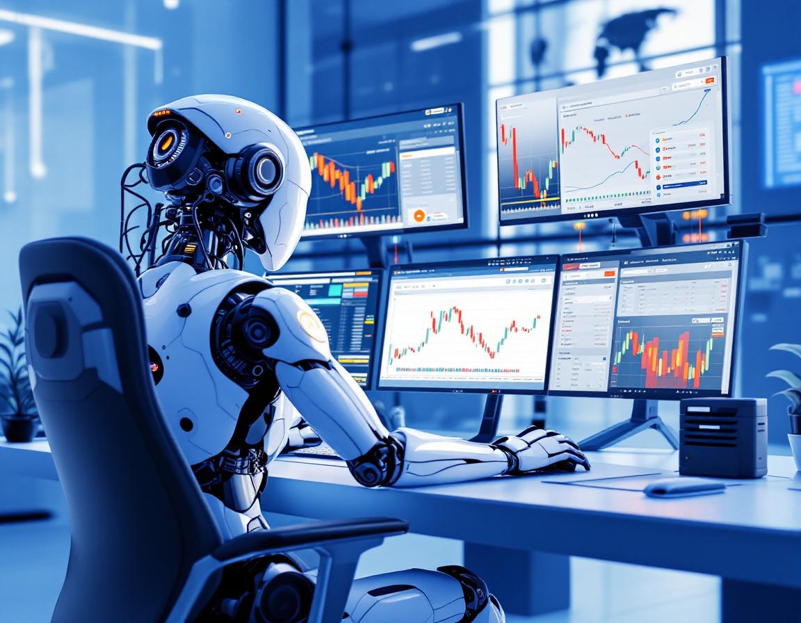 A humanoid AI trading bot at a futuristic workstation analyzes market data on multiple screens.