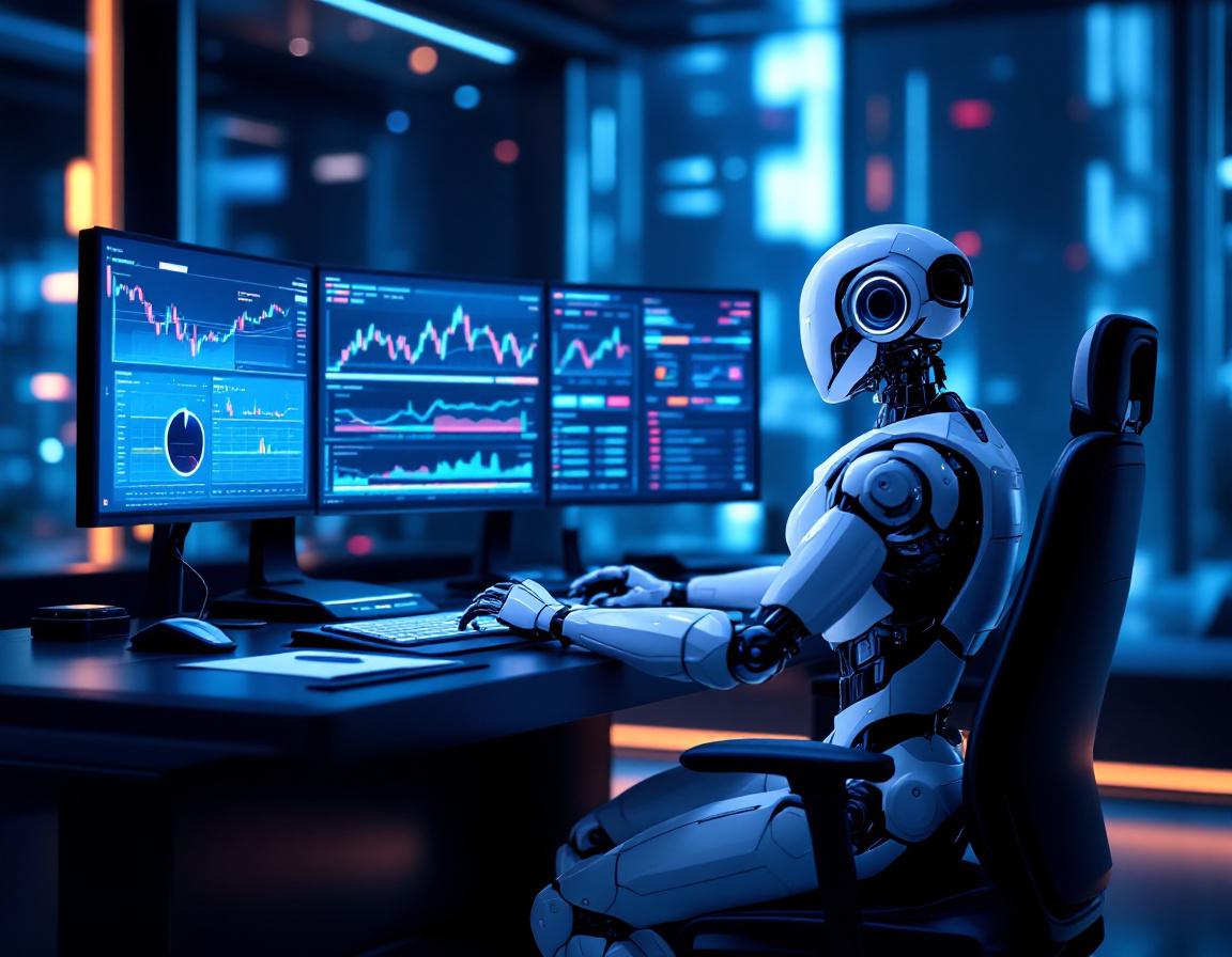 A hyper-realistic AI trading bot seated at a high-tech workstation analyzing market data on screens.