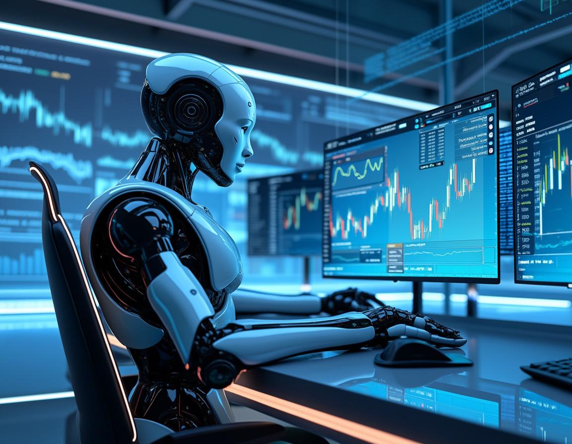 A hyper-realistic AI trading bot in a high-tech financial setting analyzing stock and crypto data.