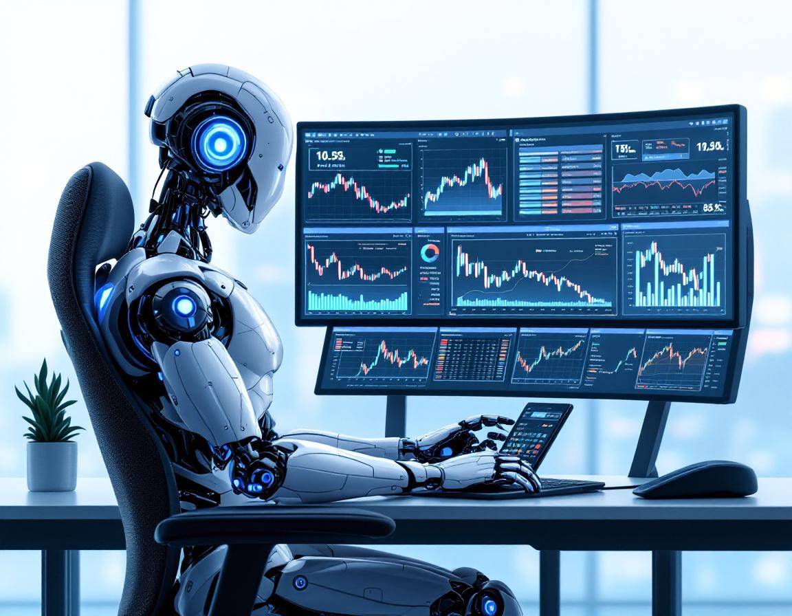 A hyper-realistic AI trading bot at a high-tech workstation, analyzing data on multiple screens.
