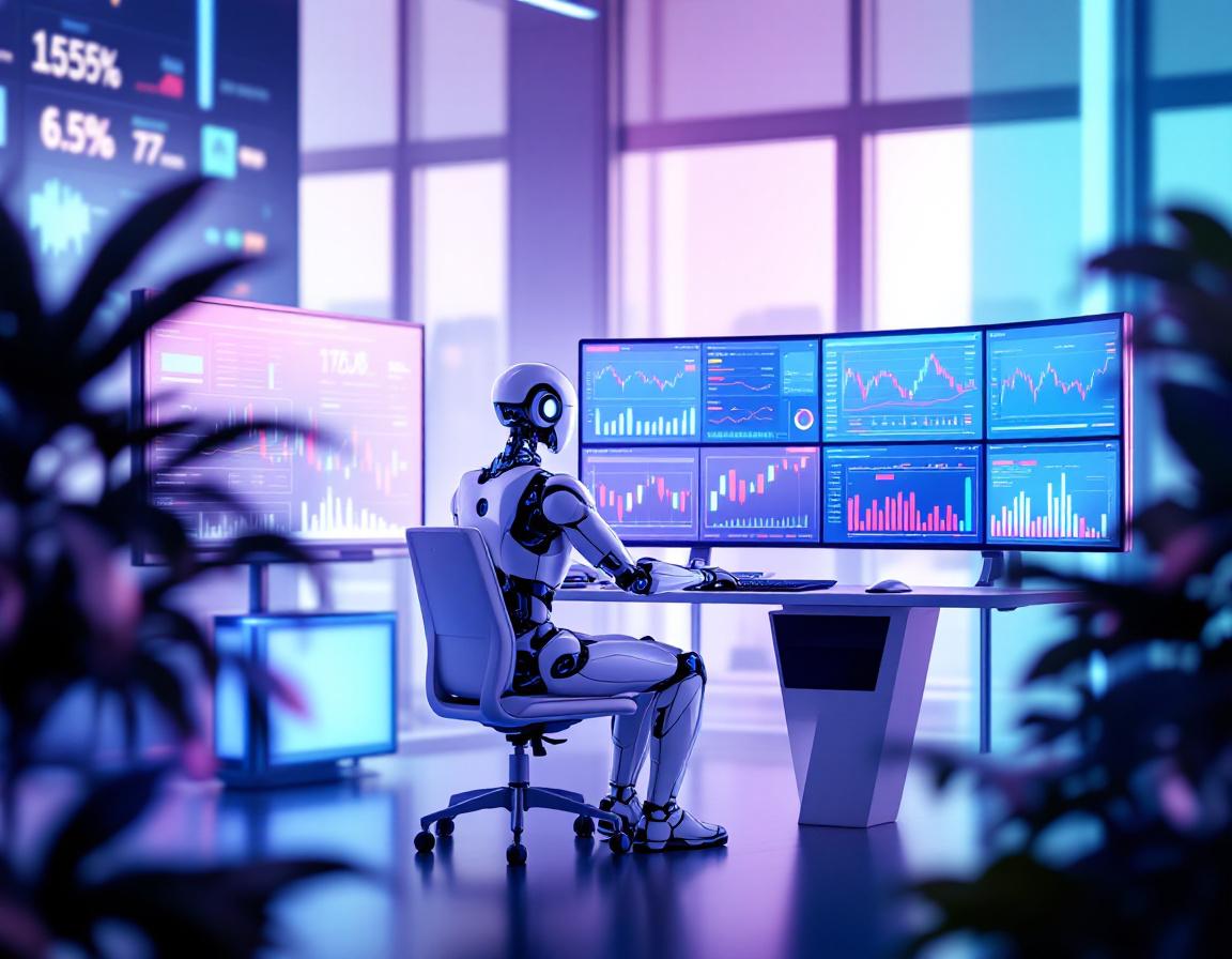 A hyper-realistic AI trading bot at a sleek workstation, analyzing market data on multiple screens.
