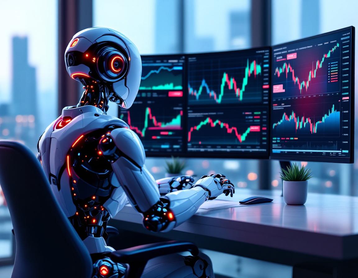 A hyper-realistic AI trading bot analyzes market data at a sleek workstation with multiple screens.