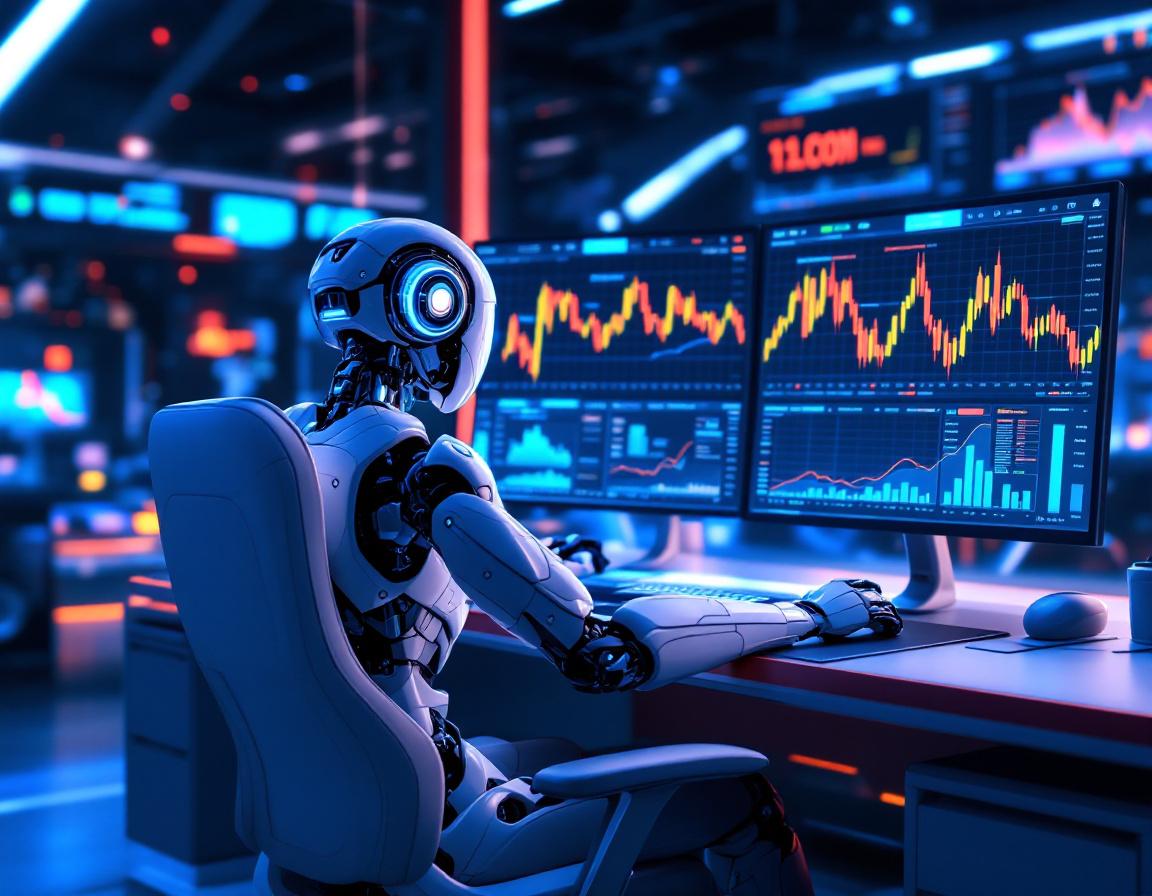 A hyper-realistic AI trading bot at a sleek workstation, analyzing multiple market data screens.