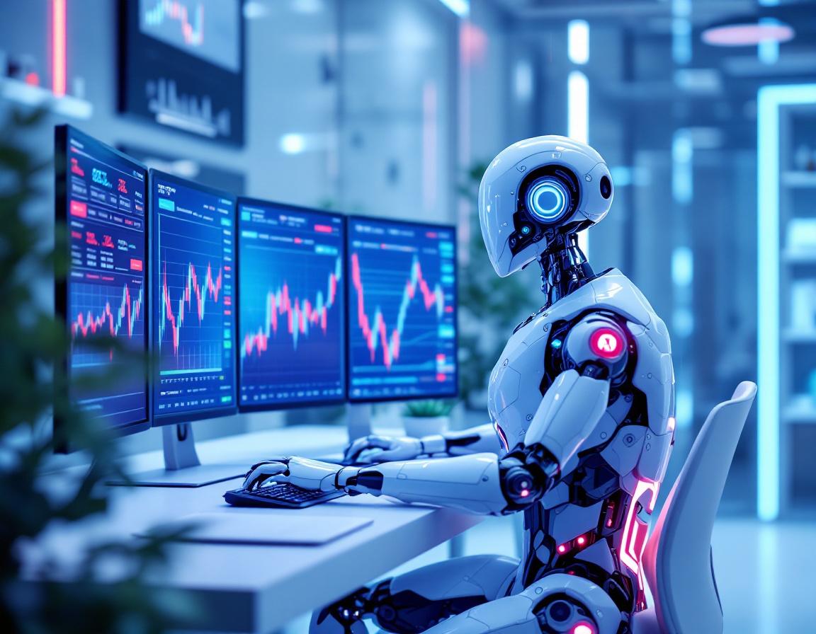 A humanoid AI trading bot analyzes market data at a high-tech workstation with multiple screens.