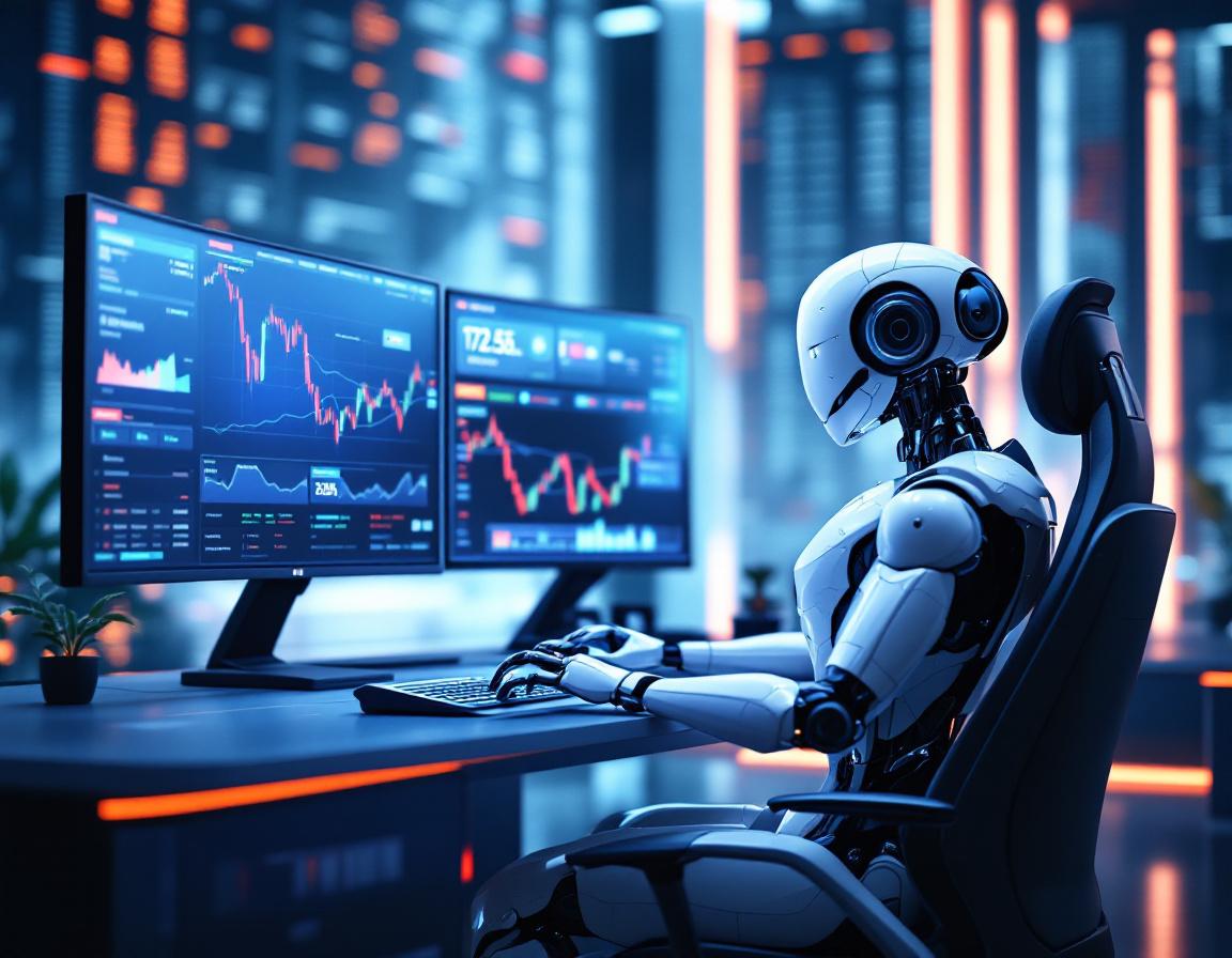 A humanoid AI trading bot analyzes market data at a high-tech workstation with multiple screens.