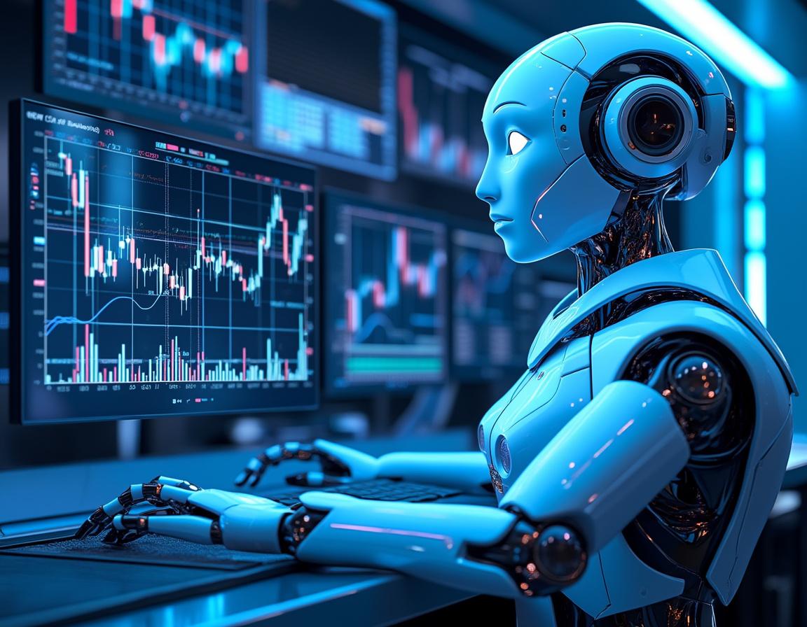 A hyper-realistic AI trading bot at a workstation analyzing market data across multiple screens.