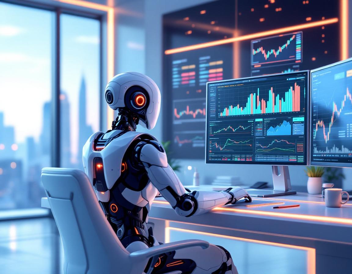 A hyper-realistic AI trading bot analyzes market data at a sleek workstation with multiple screens.
