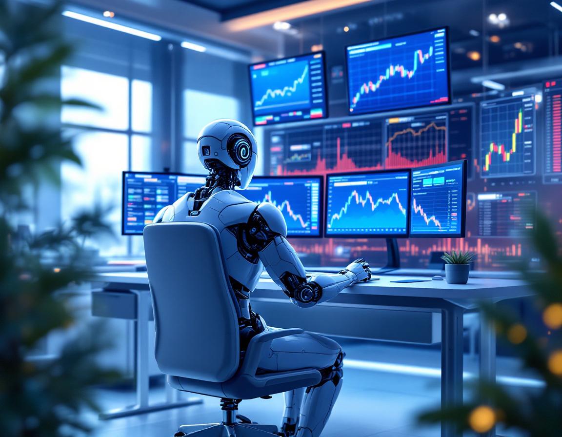 A futuristic 3D AI trading bot analyzes market data at a high-tech workstation, exuding confidence.