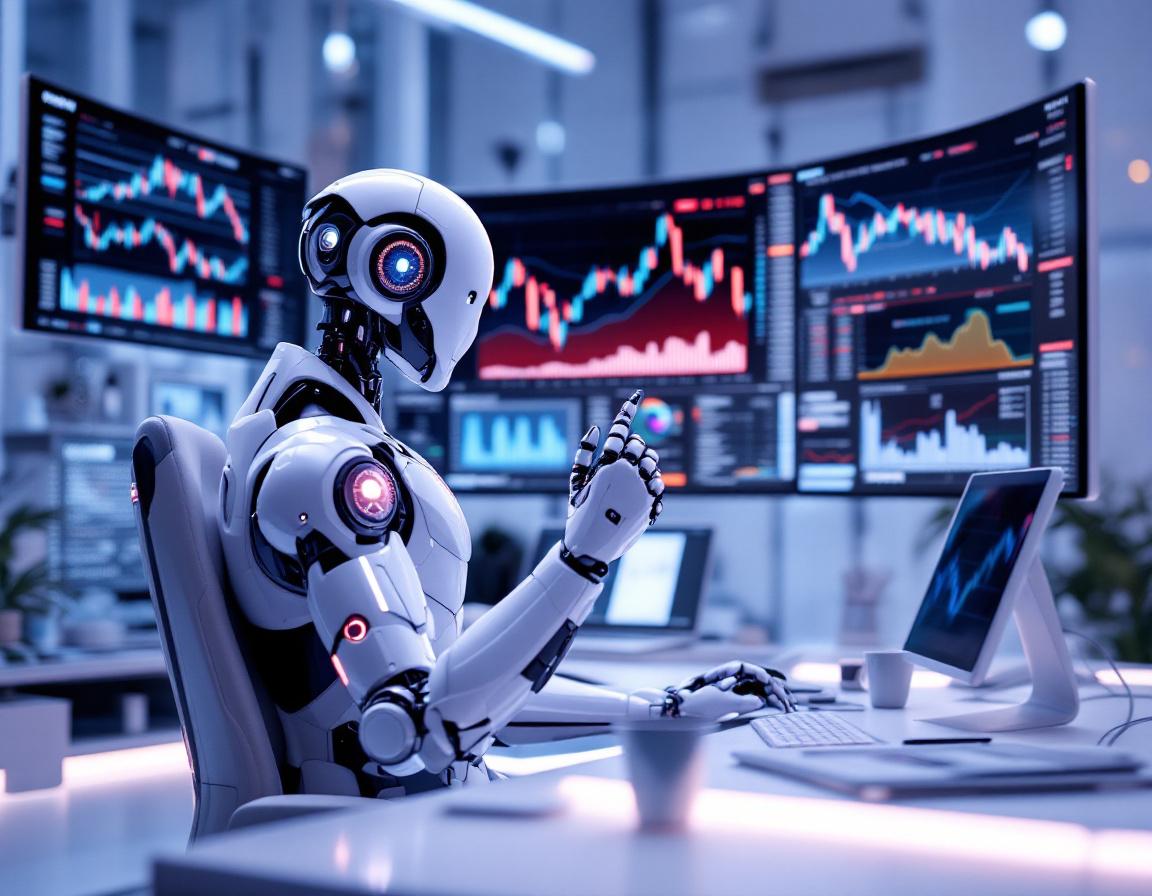 A humanoid AI trading bot at a high-tech workstation analyzing market data on multiple screens.