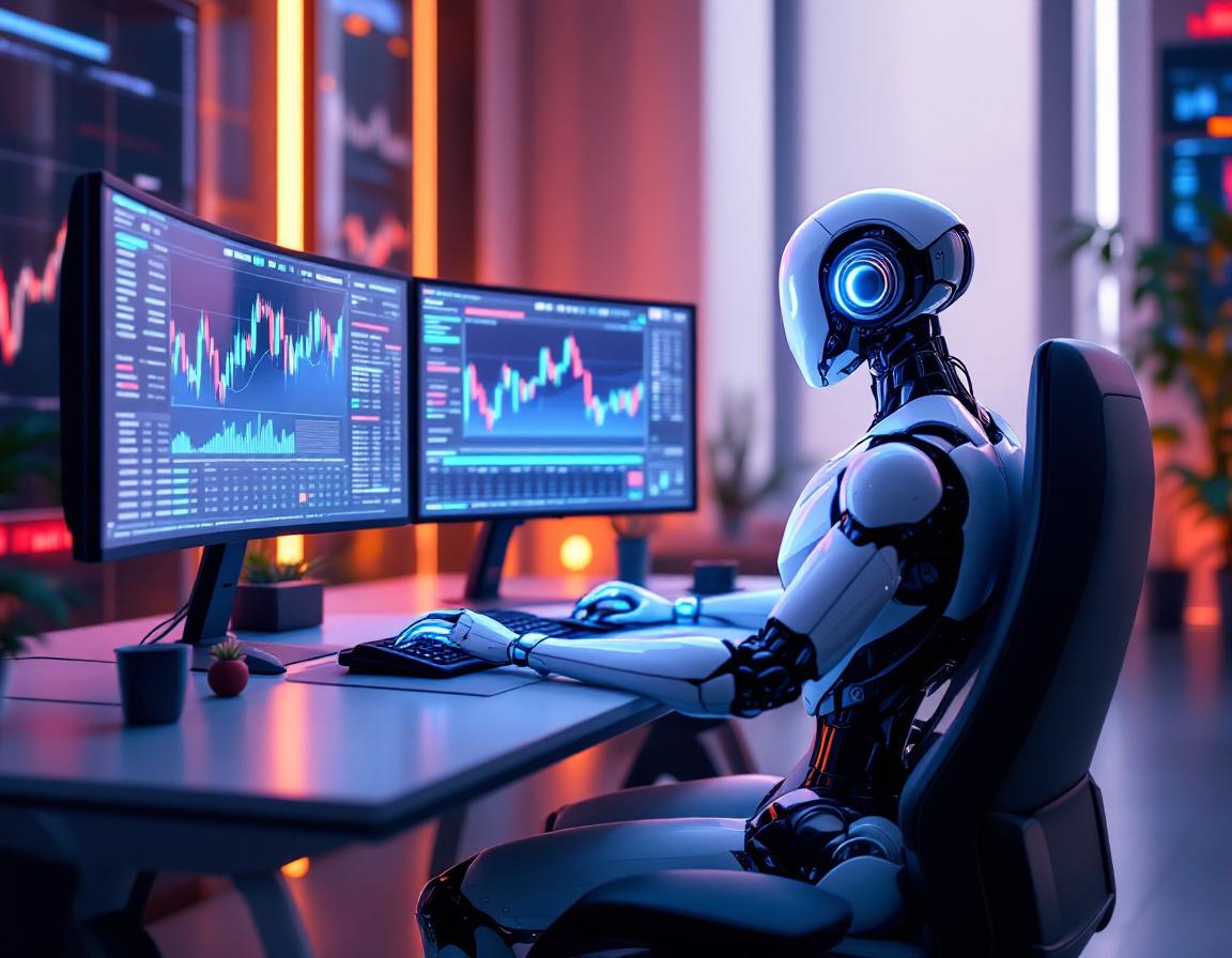 A hyper-realistic AI trading bot in a futuristic environment analyzing data on multiple screens.
