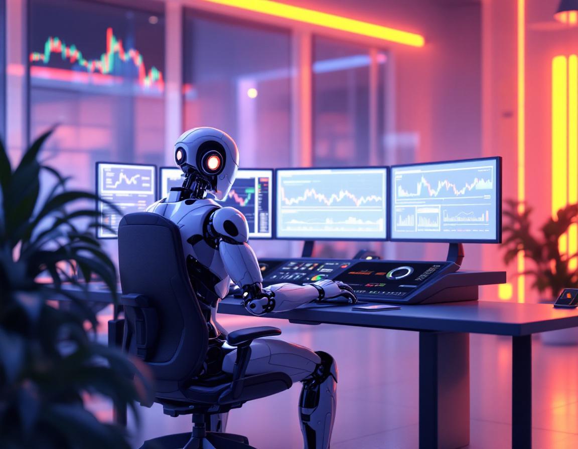 A hyper-realistic AI trading bot at a workstation analyzing market data on multiple screens, in 3D.
