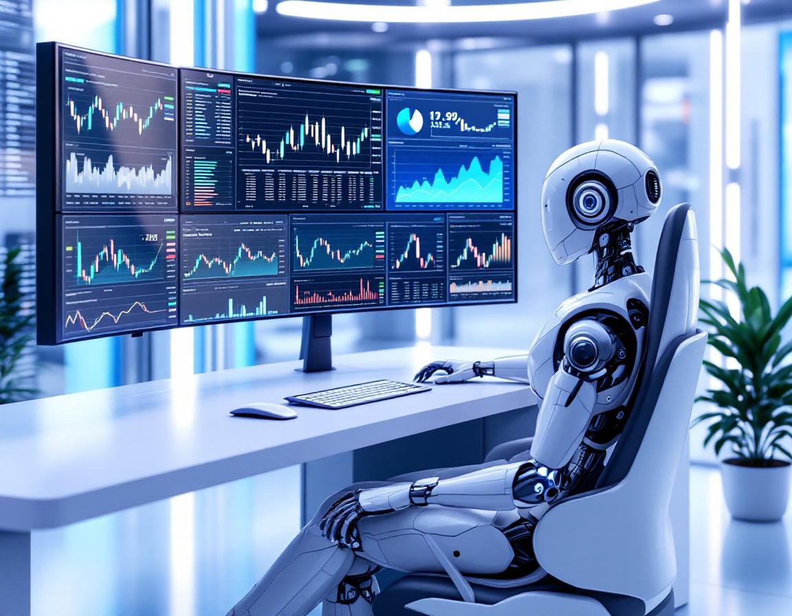A hyper-realistic AI trading bot at a workstation analyzing market data on multiple screens.