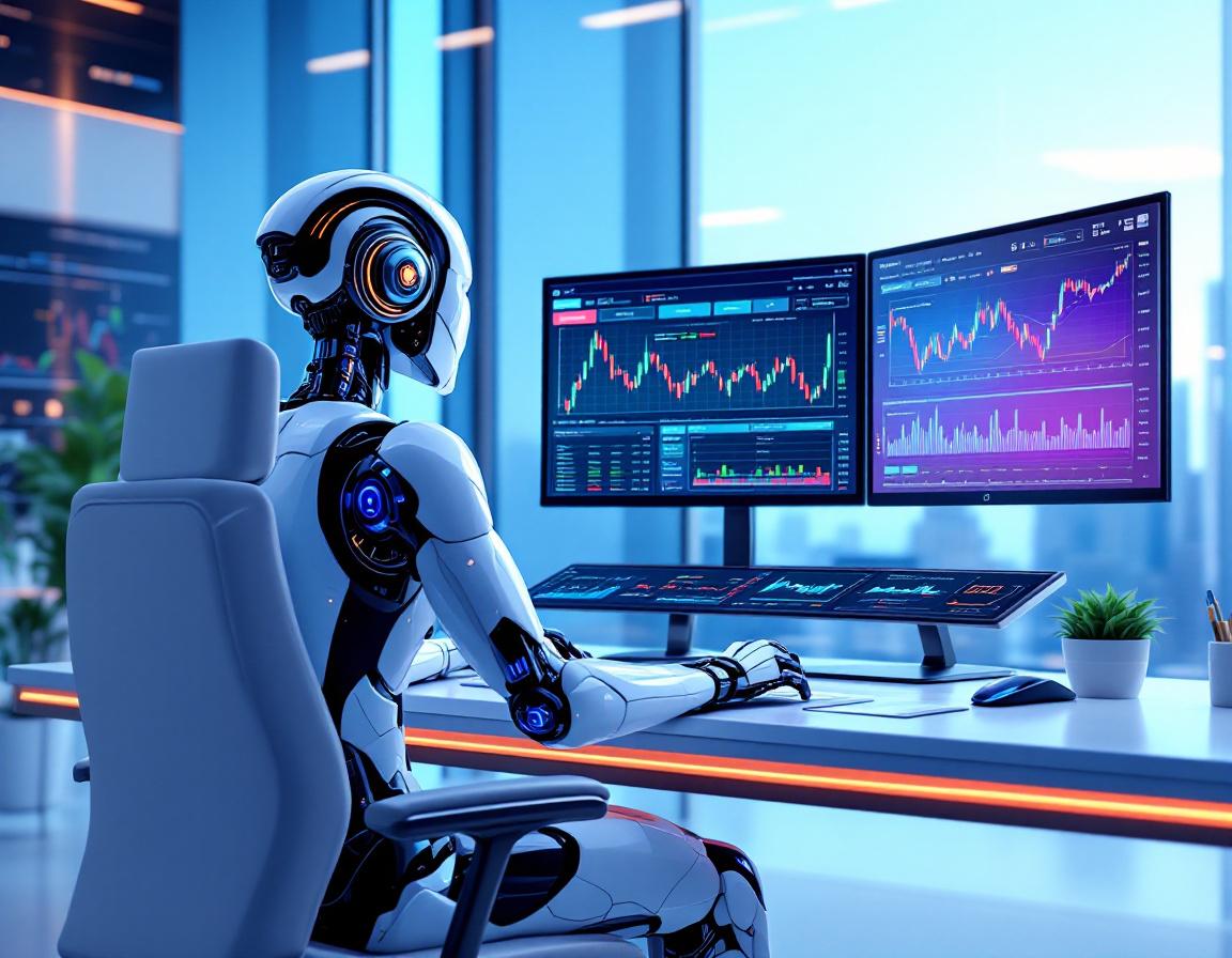 A hyper-realistic AI trading bot at a workstation, analyzing trends on multiple market screens.