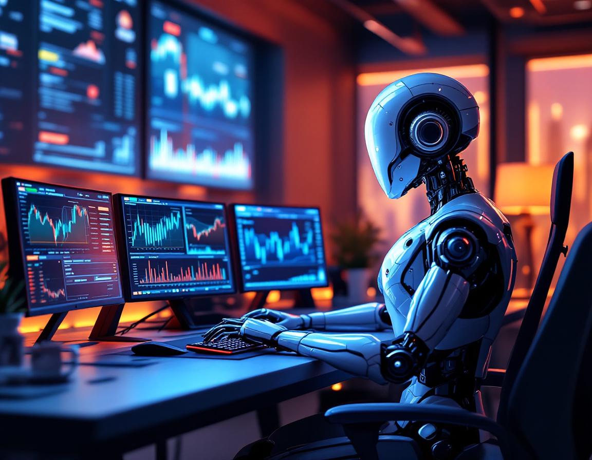 A humanoid AI trading bot analyzes market data at a high-tech workstation with multiple screens.