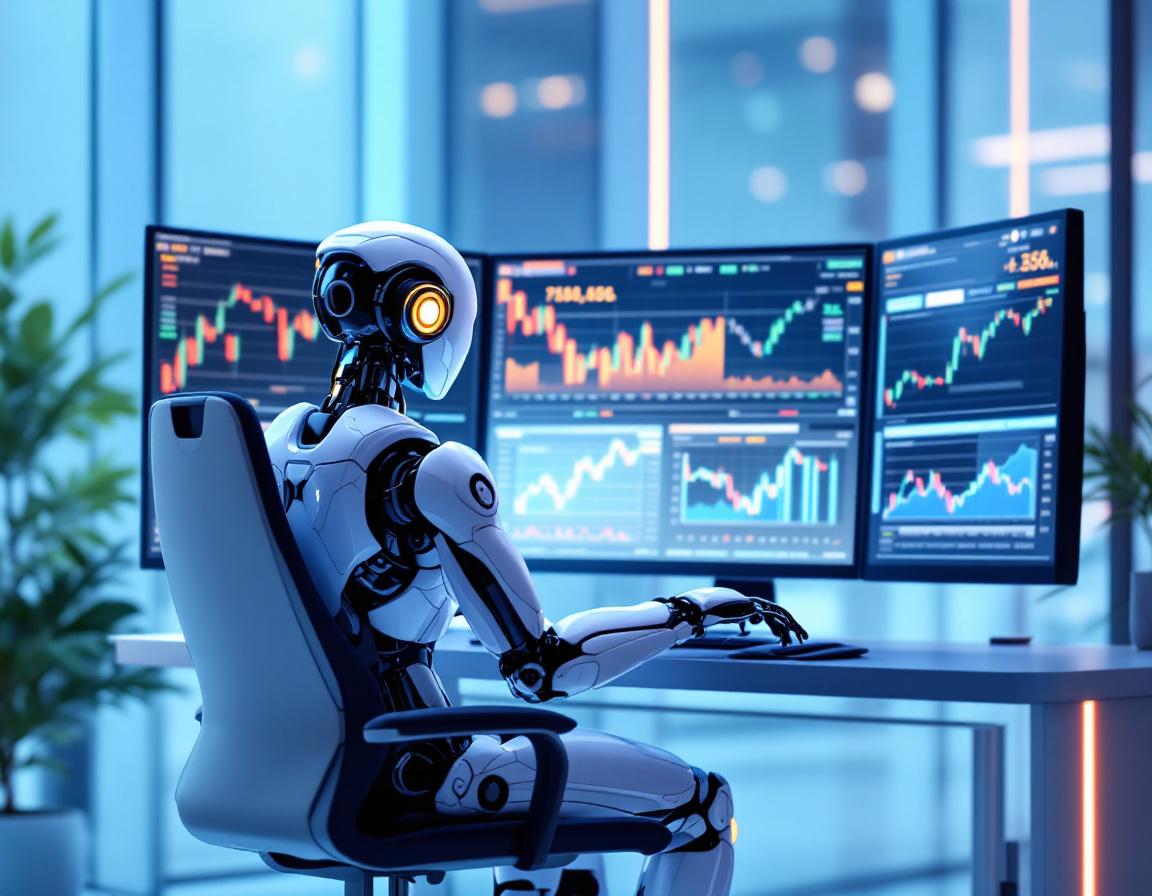 A hyper-realistic AI trading bot at a high-tech workstation, analyzing crypto and stock market data.