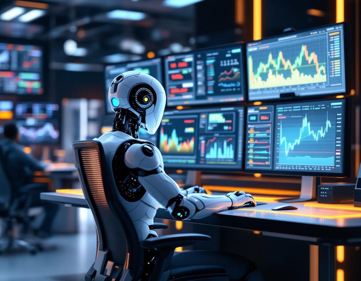 A hyper-realistic AI trading bot in a futuristic setting, analyzing market data on multiple screens.