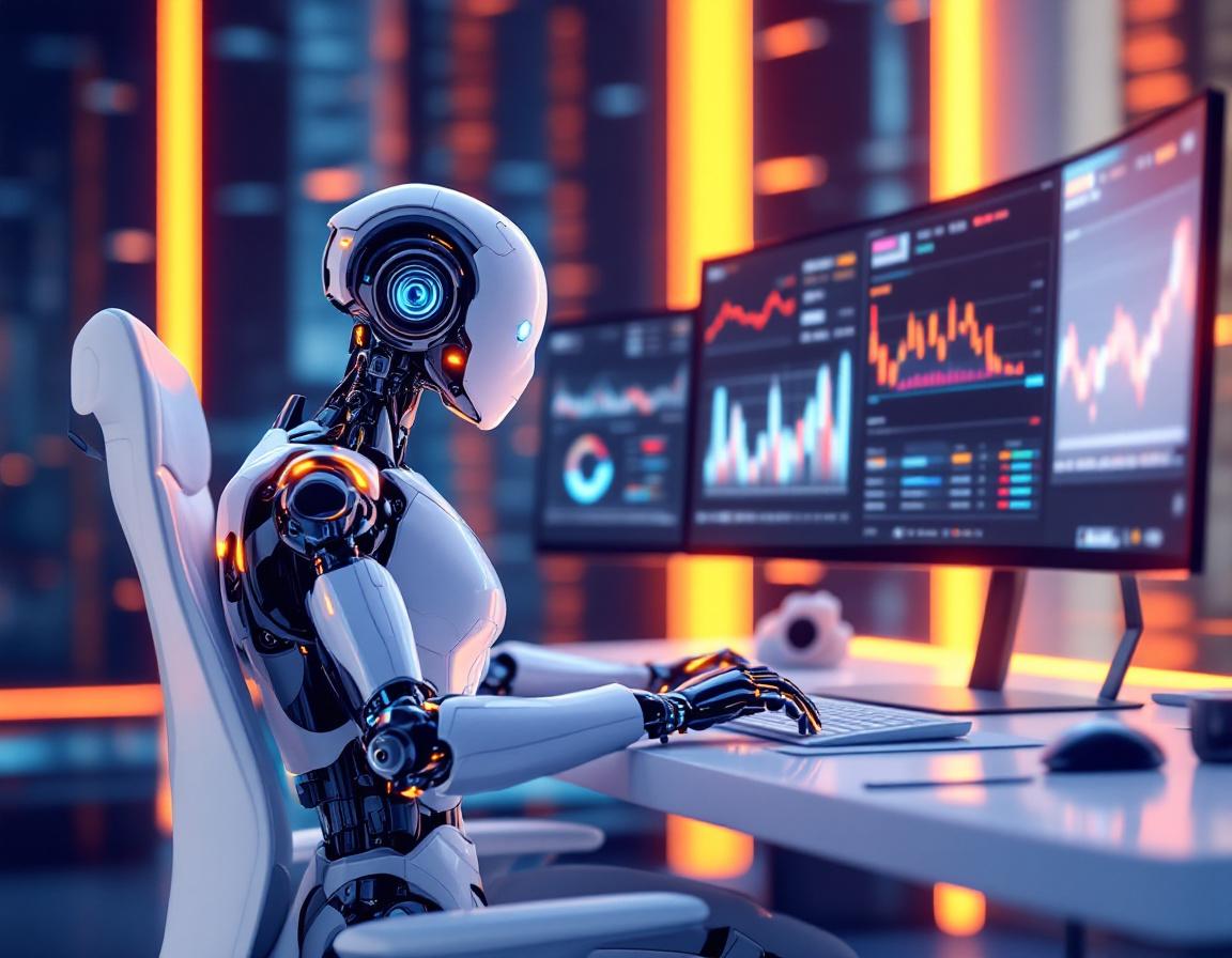 A hyper-realistic AI trading bot analyzes market data amid multiple screens in a futuristic setting.