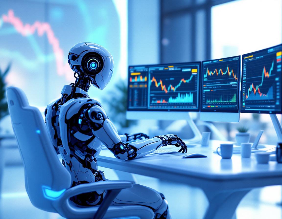 A hyper-realistic AI trading bot at a high-tech workstation analyzes stock and crypto data trends.