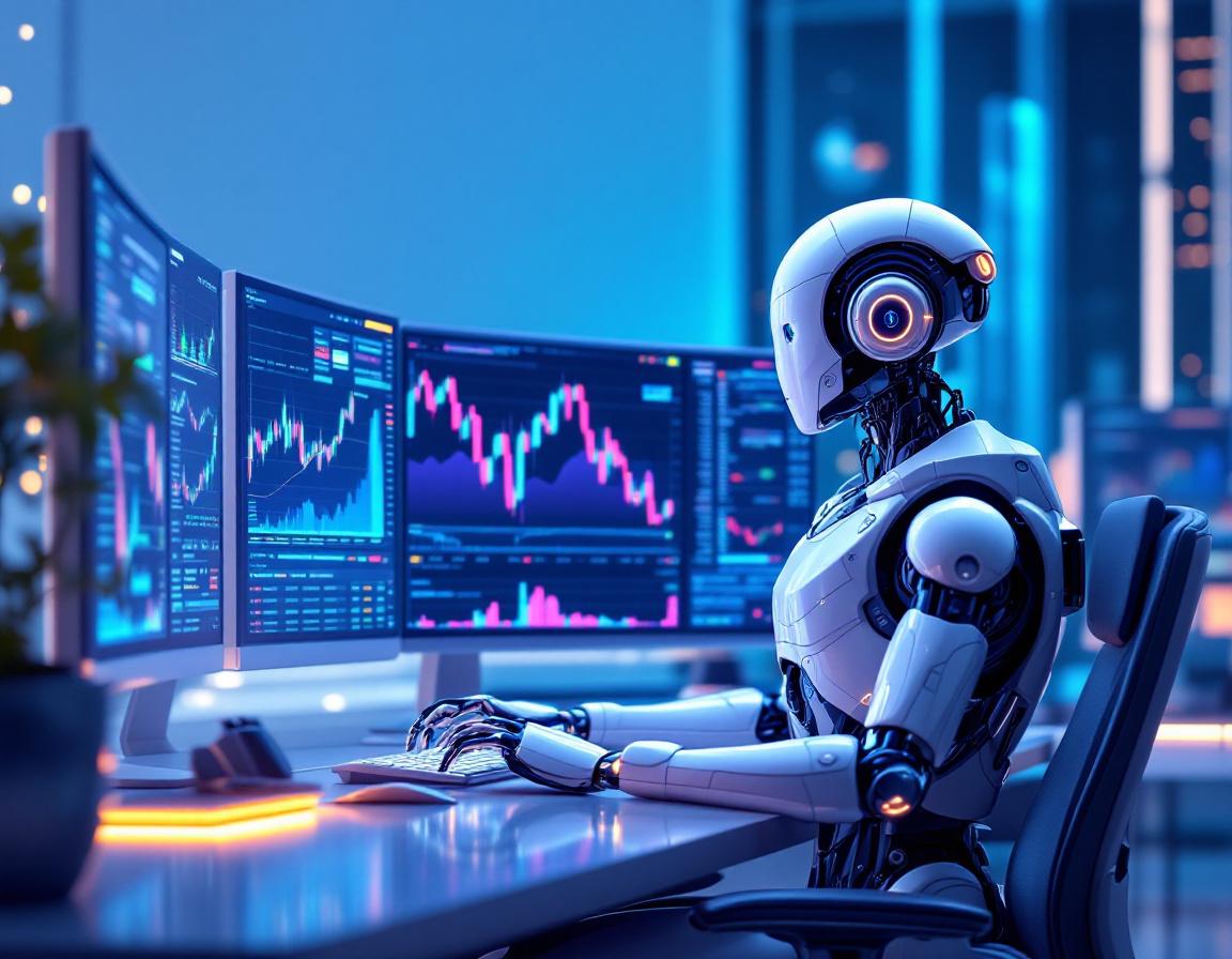 A hyper-realistic AI trading bot at a workstation analyzing market data on multiple glowing screens.
