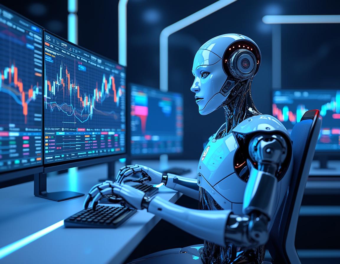 A humanoid AI trading bot at a workstation analyzes stock and crypto data on multiple screens.