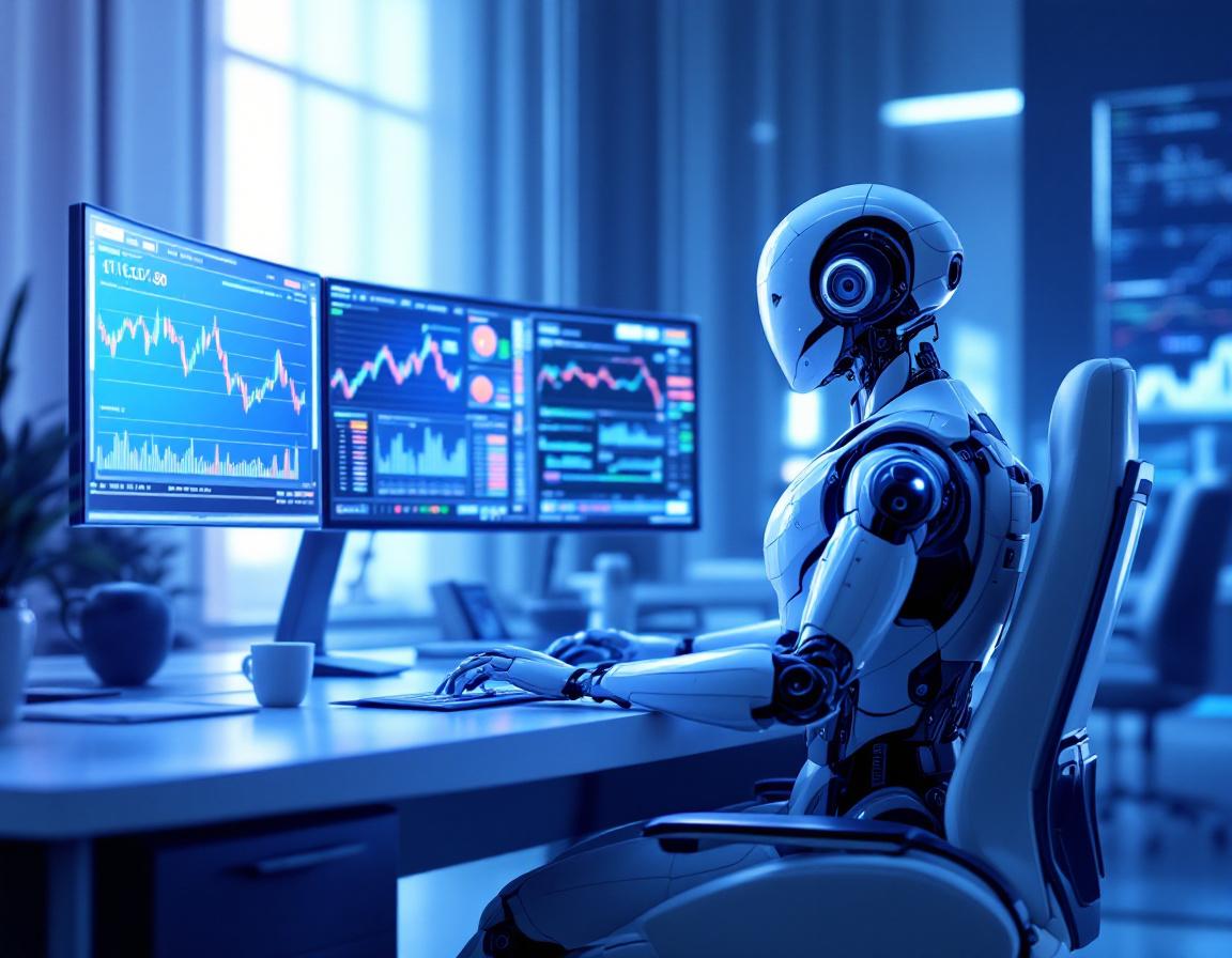 A humanoid AI trading bot at a high-tech workstation, analyzing market data across multiple screens.