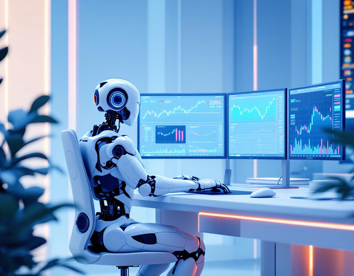 A sleek humanoid AI trading bot at a high-tech workstation analyzing markets with glowing screens.