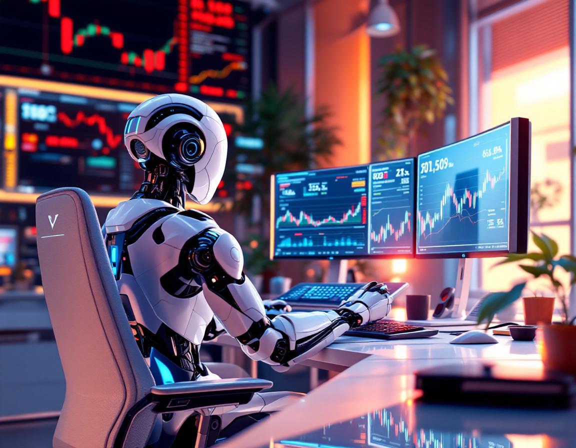 A humanoid AI trading bot at a high-tech workstation, analyzing market data on multiple screens.