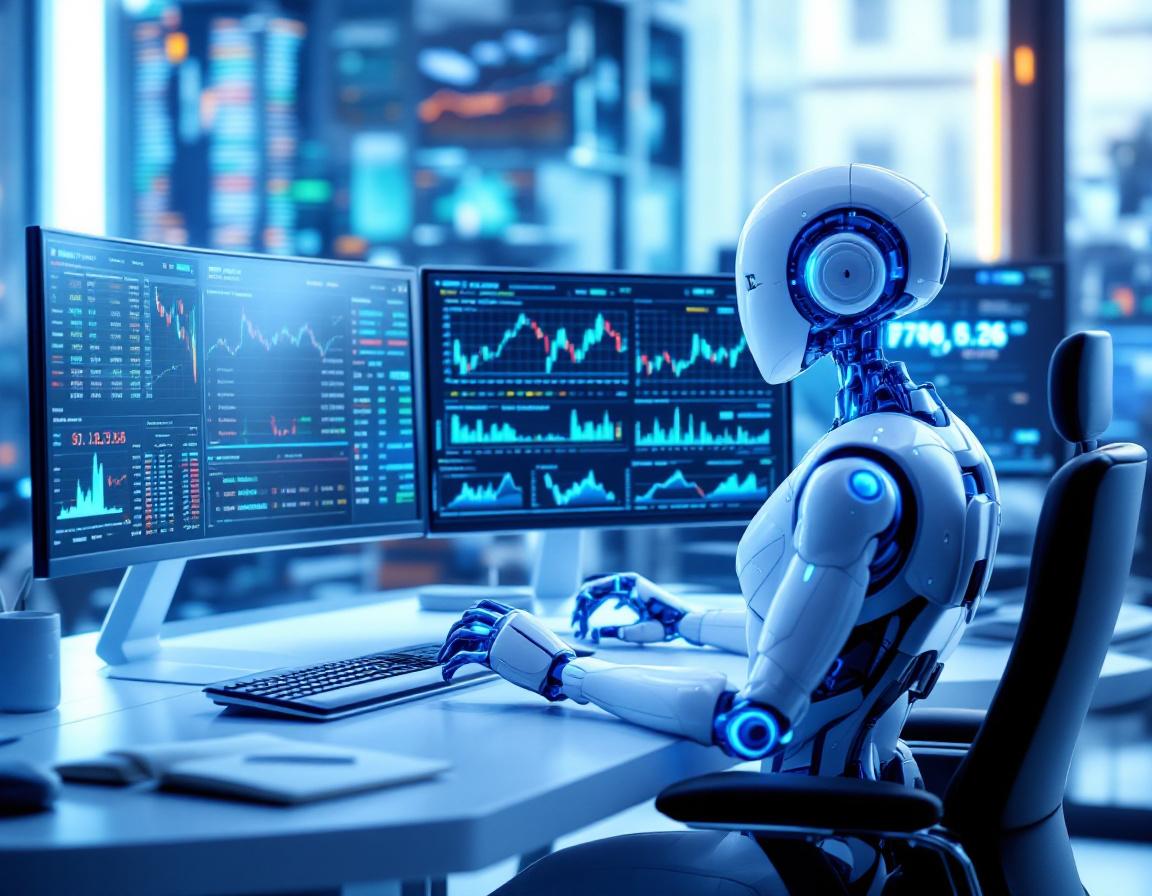A hyper-realistic AI trading bot at a high-tech workstation analyzing crypto and stock markets.