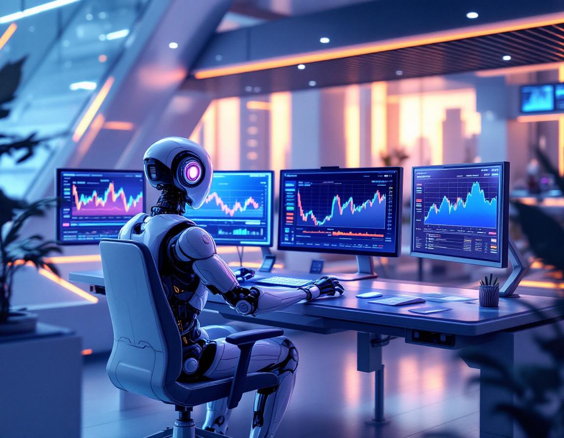 A hyper-realistic AI trading bot at a high-tech workstation analyzing crypto and stock market data.