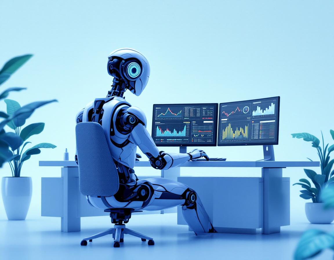 A hyper-realistic AI trading bot seated at a workstation, analyzing market data on multiple screens.