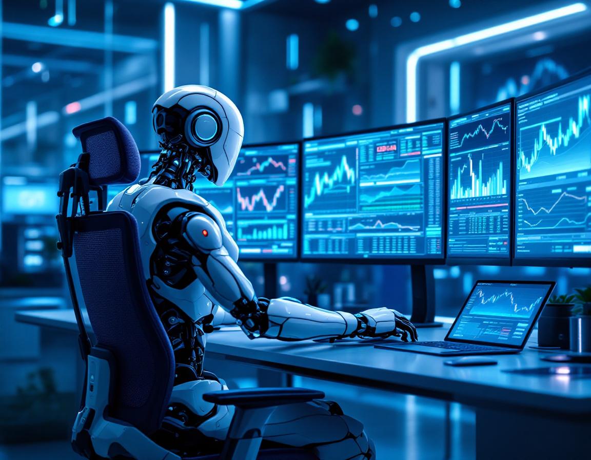 A sleek humanoid AI trading bot analyzes market data at a high-tech workstation, screens aglow.