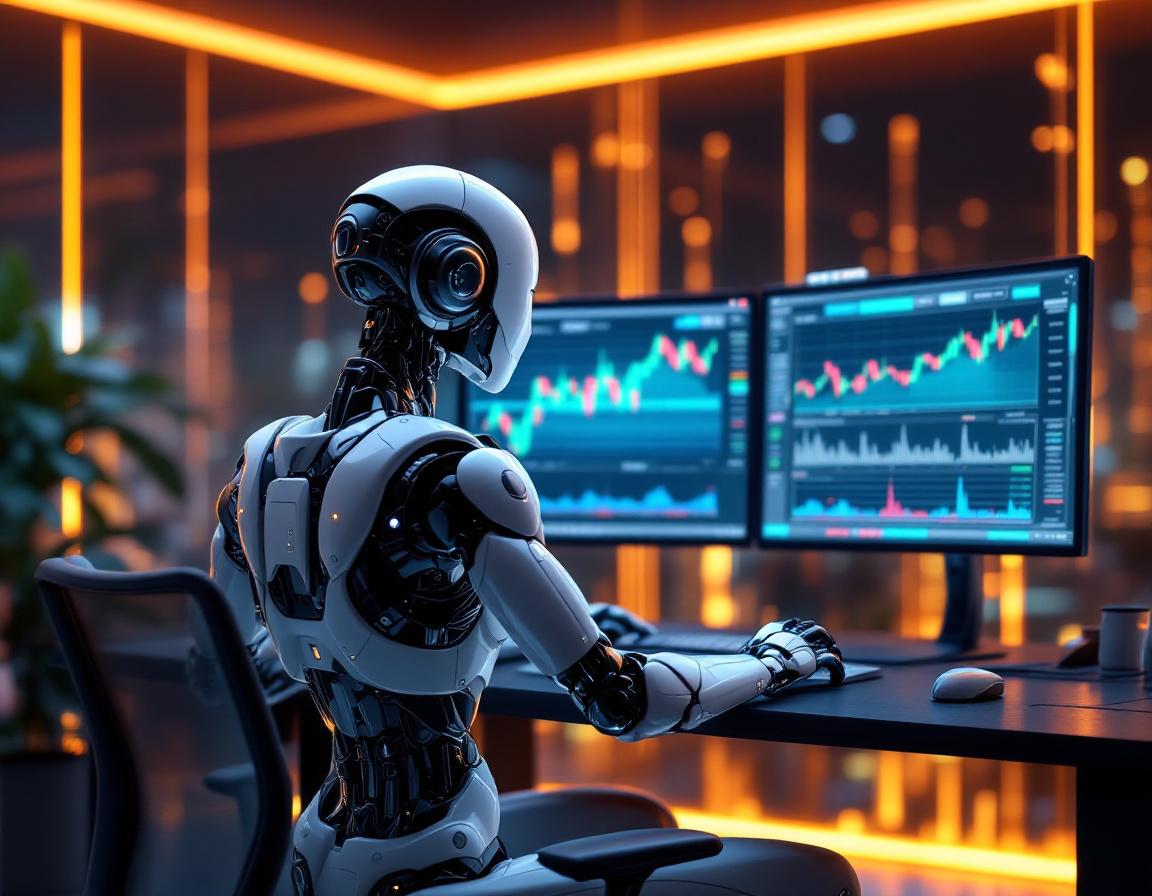 A humanoid AI trading bot at a workstation, analyzing stock data on multiple high-tech screens.