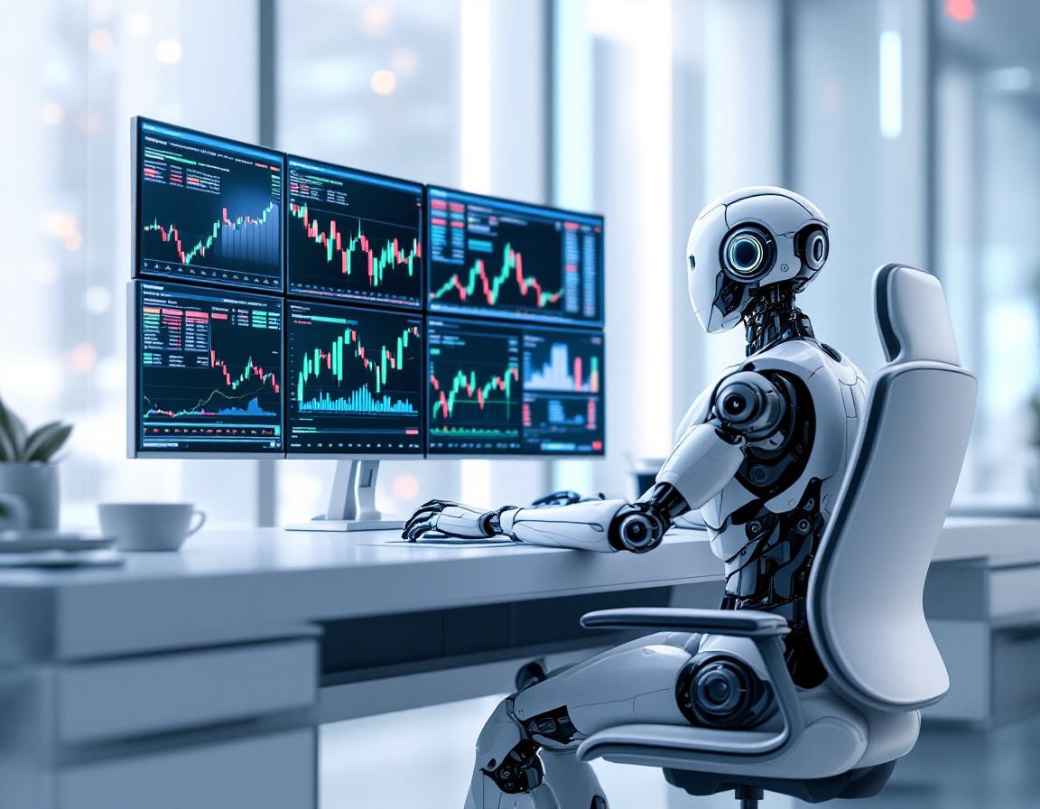 A humanoid AI trading bot analyzes market data at a high-tech workstation with multiple screens.