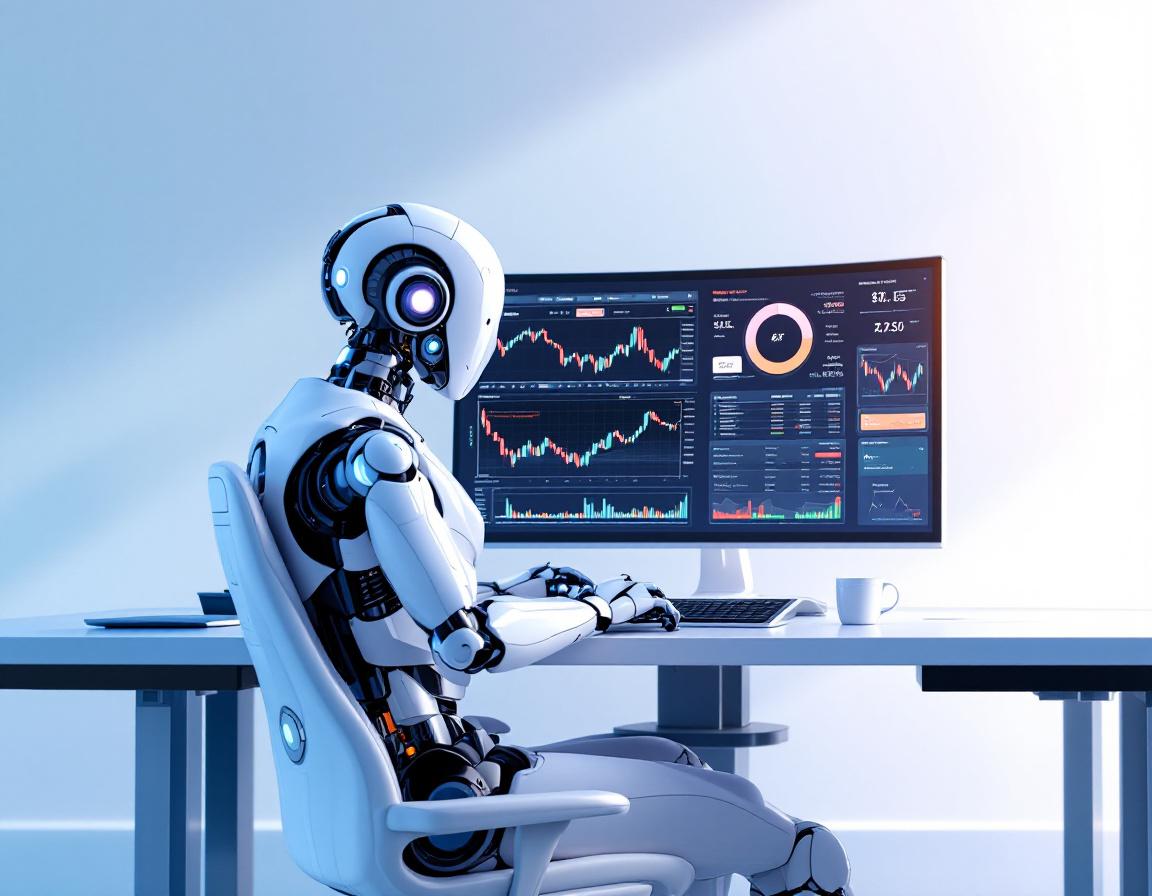 A hyper-realistic AI trading bot analyzes market data on multiple screens in a futuristic setting.