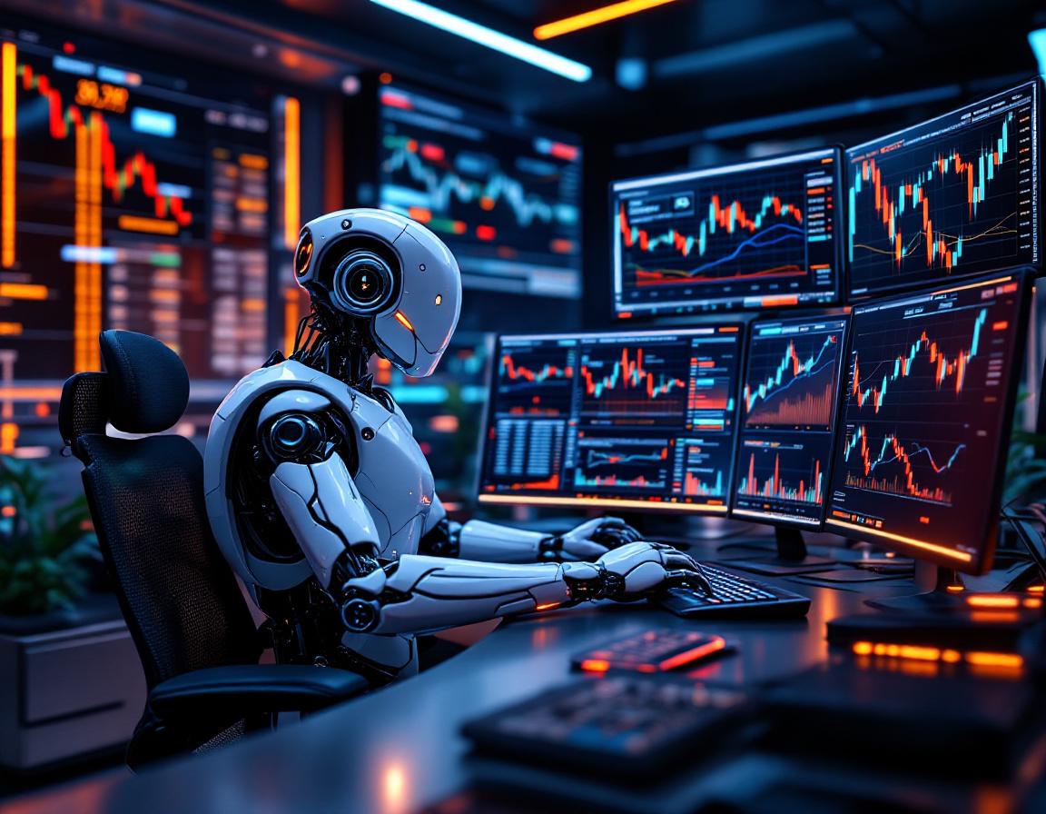 A humanoid AI trading bot at a high-tech workstation analyzing market data across multiple screens.