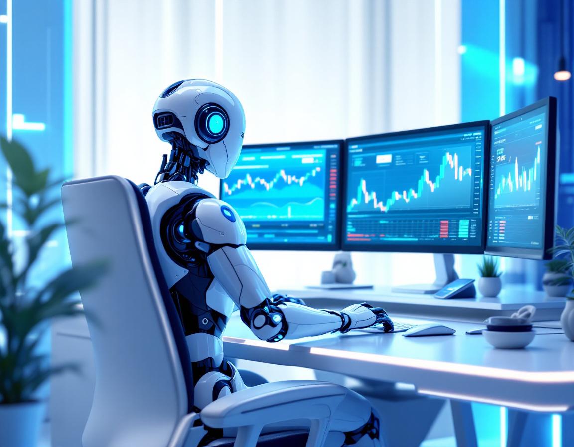 A hyper-realistic AI trading bot analyzes market data in a futuristic financial trading environment.