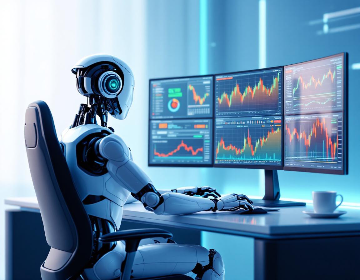 A hyper-realistic AI trading bot analyzes market data at a sleek workstation with multiple screens.