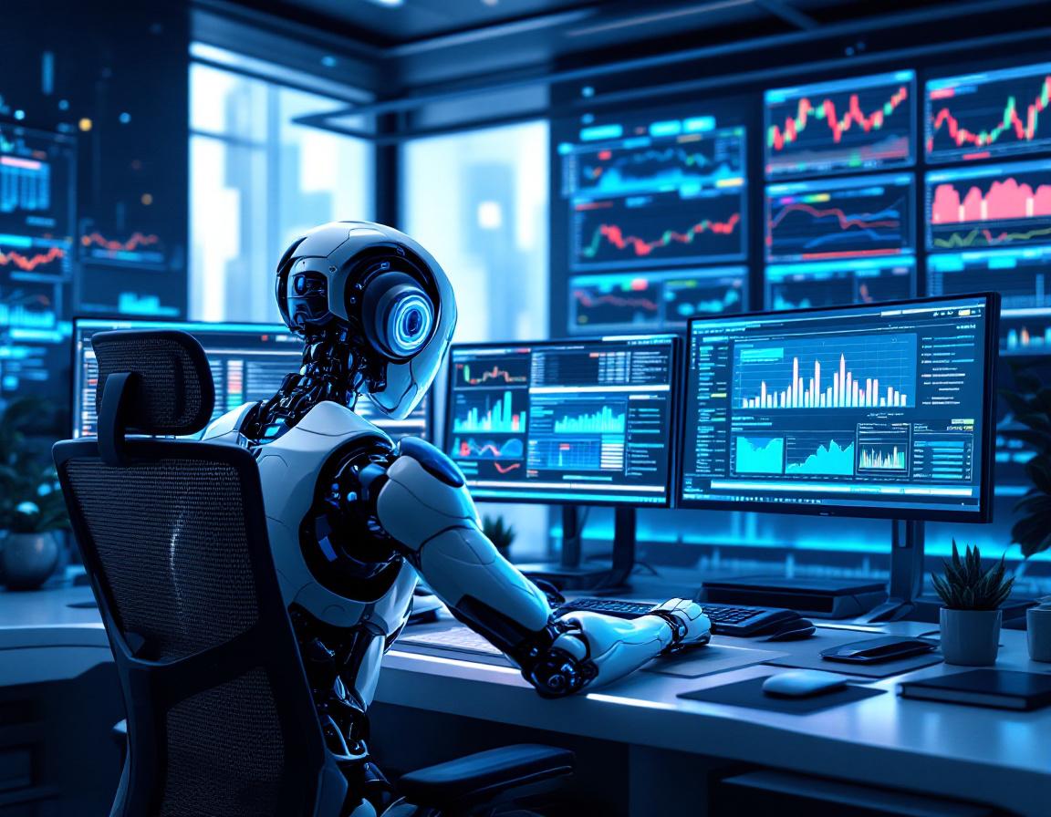 A humanoid AI trading bot analyzes market data at a high-tech workstation in a futuristic setting.