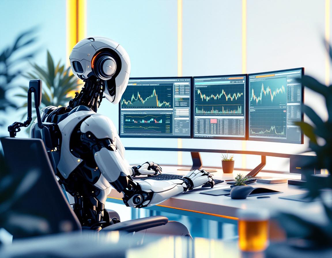 A humanoid AI trading bot at a futuristic workstation analyzes crypto data on multiple screens.
