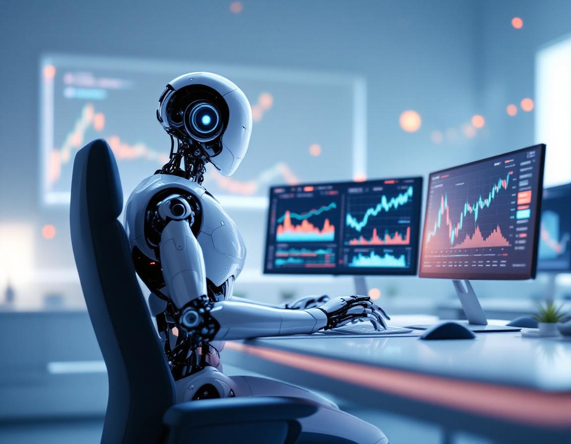 A hyper-realistic AI trading bot at a workstation analyzing market data on multiple glowing screens.