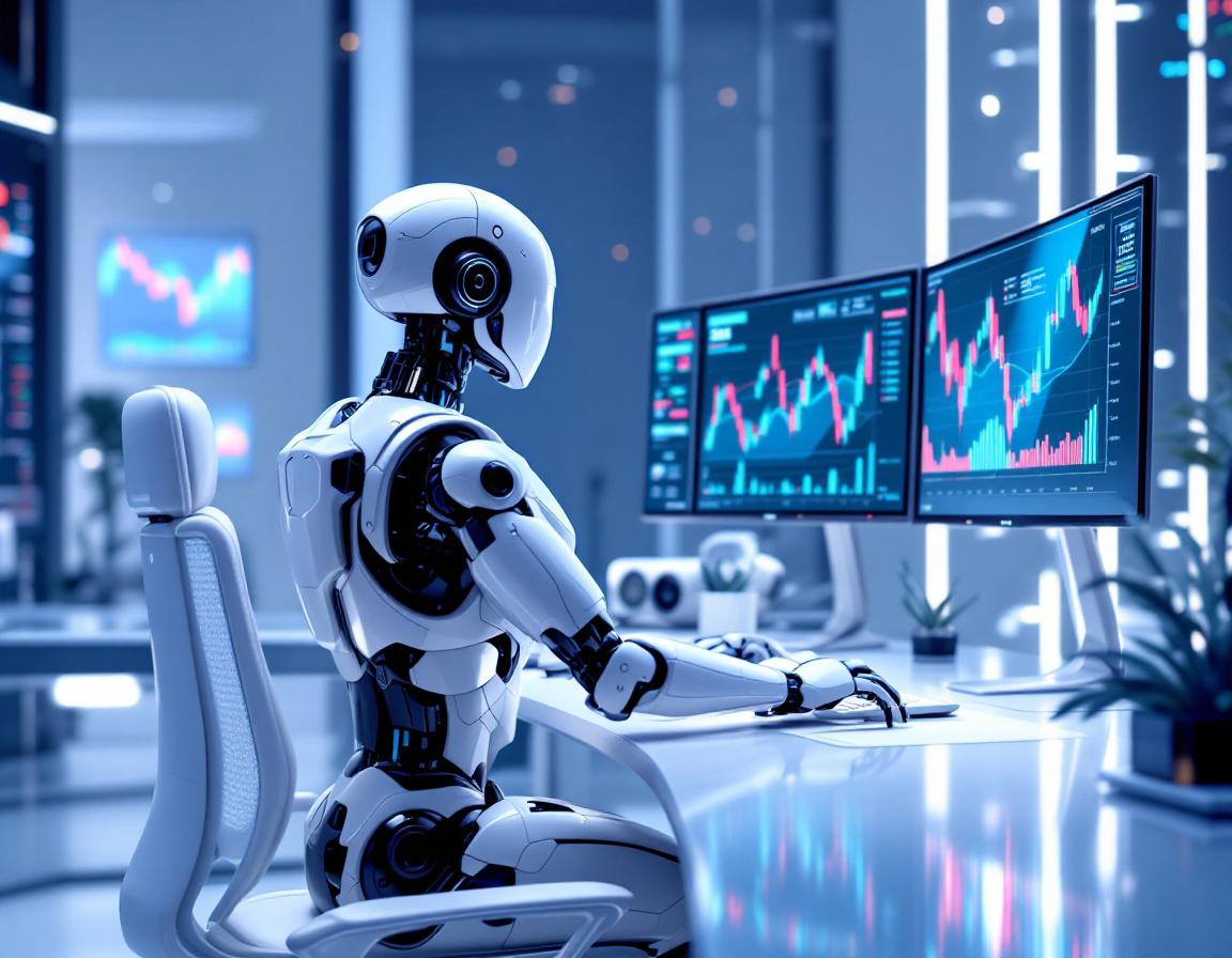A hyper-realistic AI trading bot at a futuristic workstation analyzing stock and crypto market data.