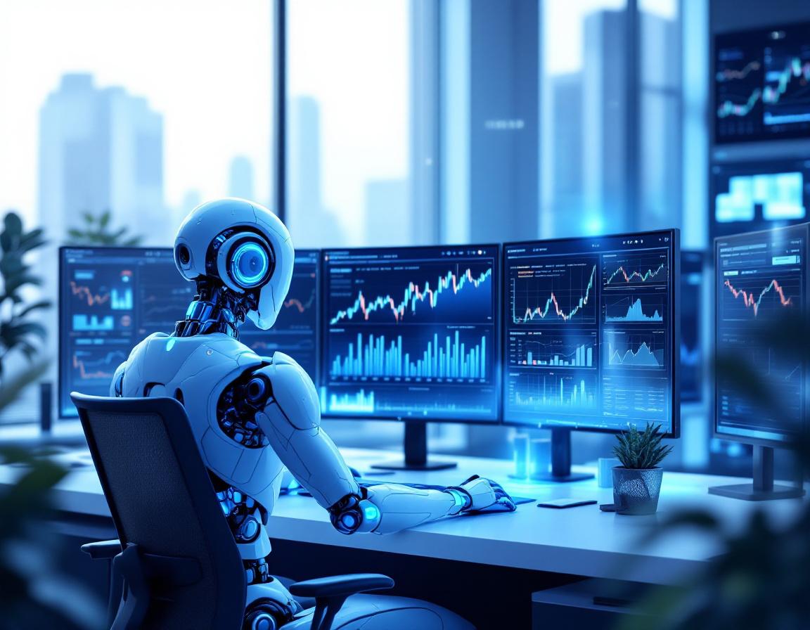 A hyper-realistic AI trading bot monitors multiple screens displaying stock and crypto market data.