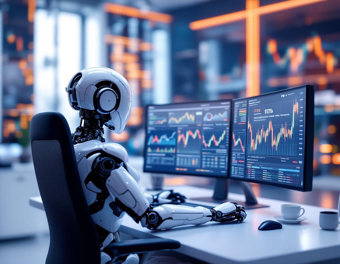 A humanoid AI trading bot at a high-tech workstation analyzing market data on multiple screens.