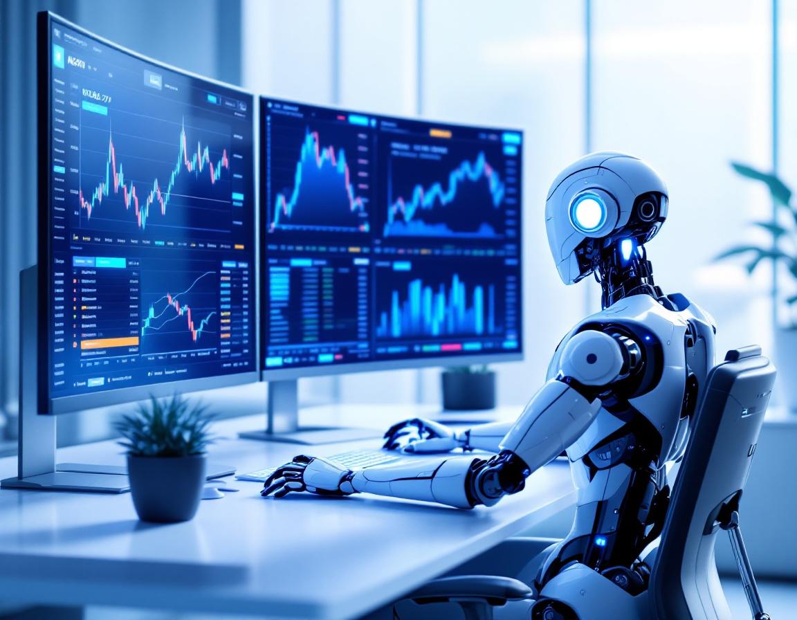 A humanoid AI trading bot at a high-tech workstation, analyzing market data with various screens.