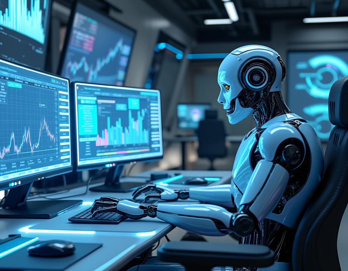 A futuristic AI trading bot analyzes market data at a high-tech workstation, surrounded by screens.