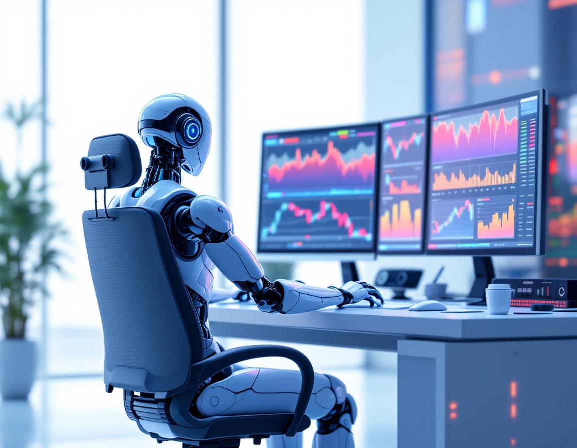 A humanoid AI trading bot analyzes market data at a futuristic workstation with multiple screens.