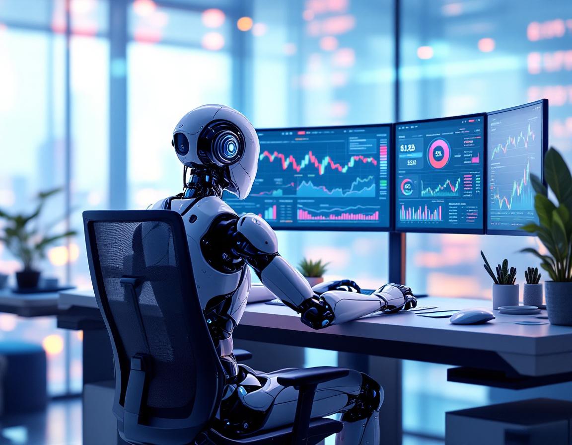 A hyper-realistic AI trading bot analyzes market data at a sleek workstation with multiple screens.