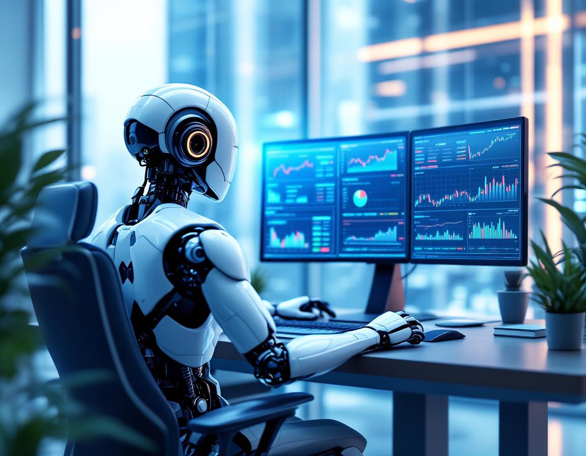 A sleek, humanoid AI trading bot analyzes market data in a futuristic financial trading environment.