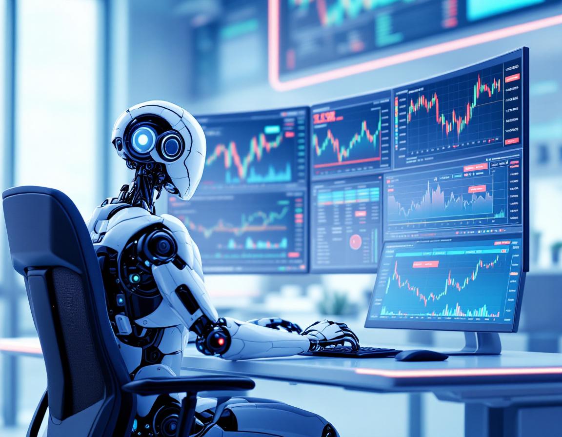 A humanoid AI trading bot in a sleek workstation analyzes real-time market data on multiple screens.