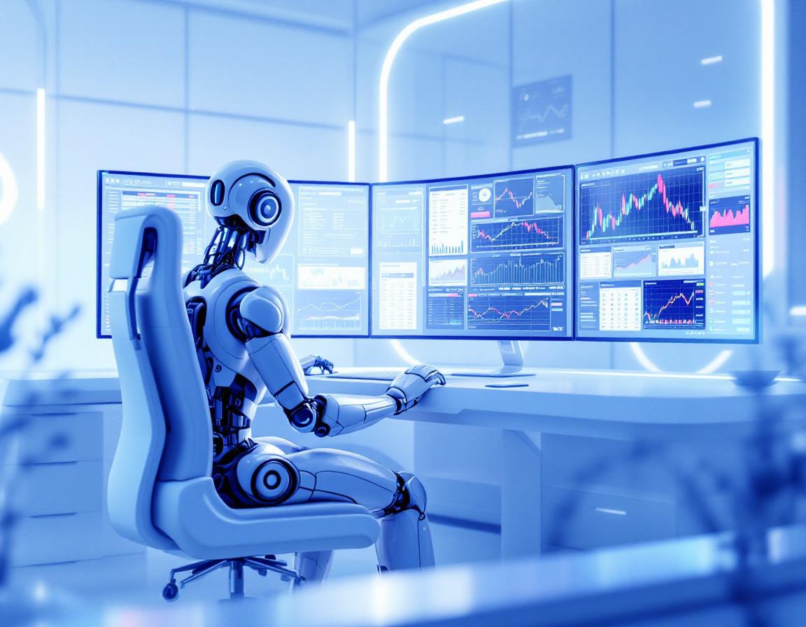 A humanoid AI trading bot at a futuristic workstation analyzing market data on multiple screens.